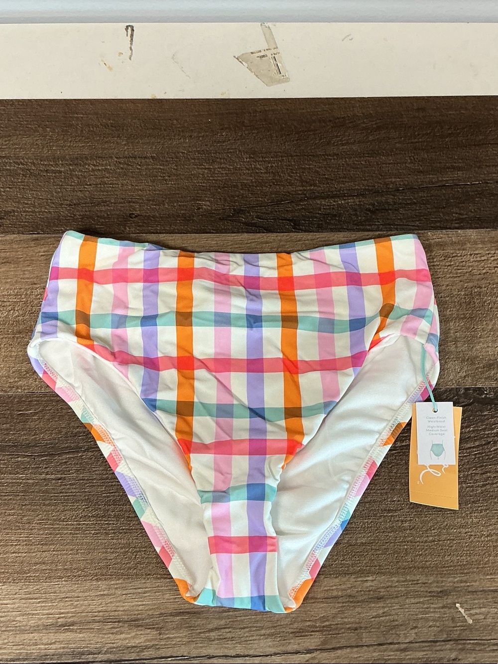 Kona Sol Multi-Color Plaid High-Waist Bikini Bottoms